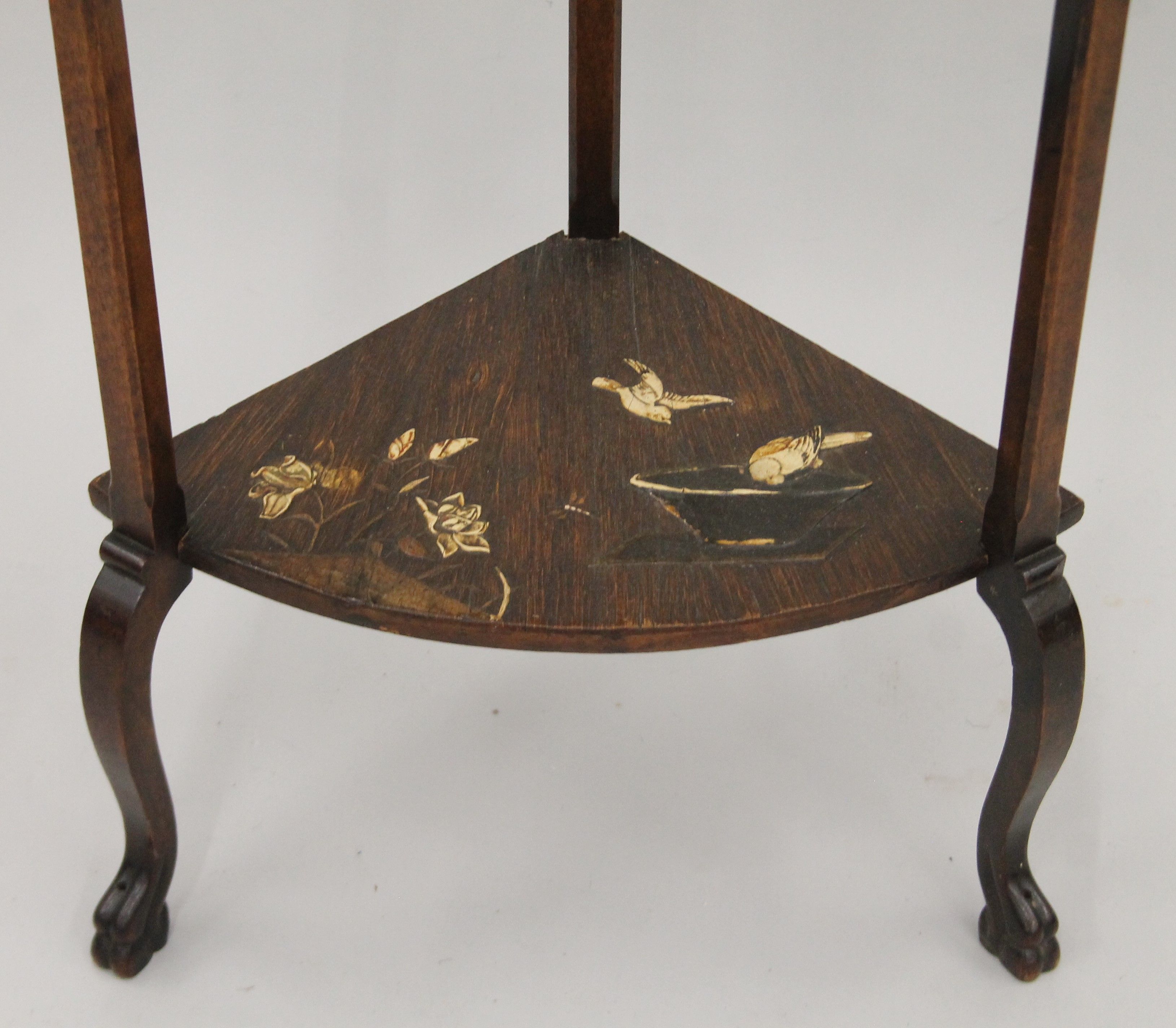 A aesthetic period walnut side table decorated in the Japanese manner, with lift up fan shaped lid. - Image 5 of 7