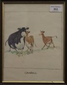 Three comical Bull prints, each framed and glazed. 21 x 27.5 cm overall.