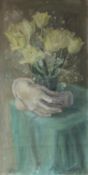 TERESA D'ELIA (1918-2011) American, Still Life of Flowers and Hands, oil on canvas, unframed.