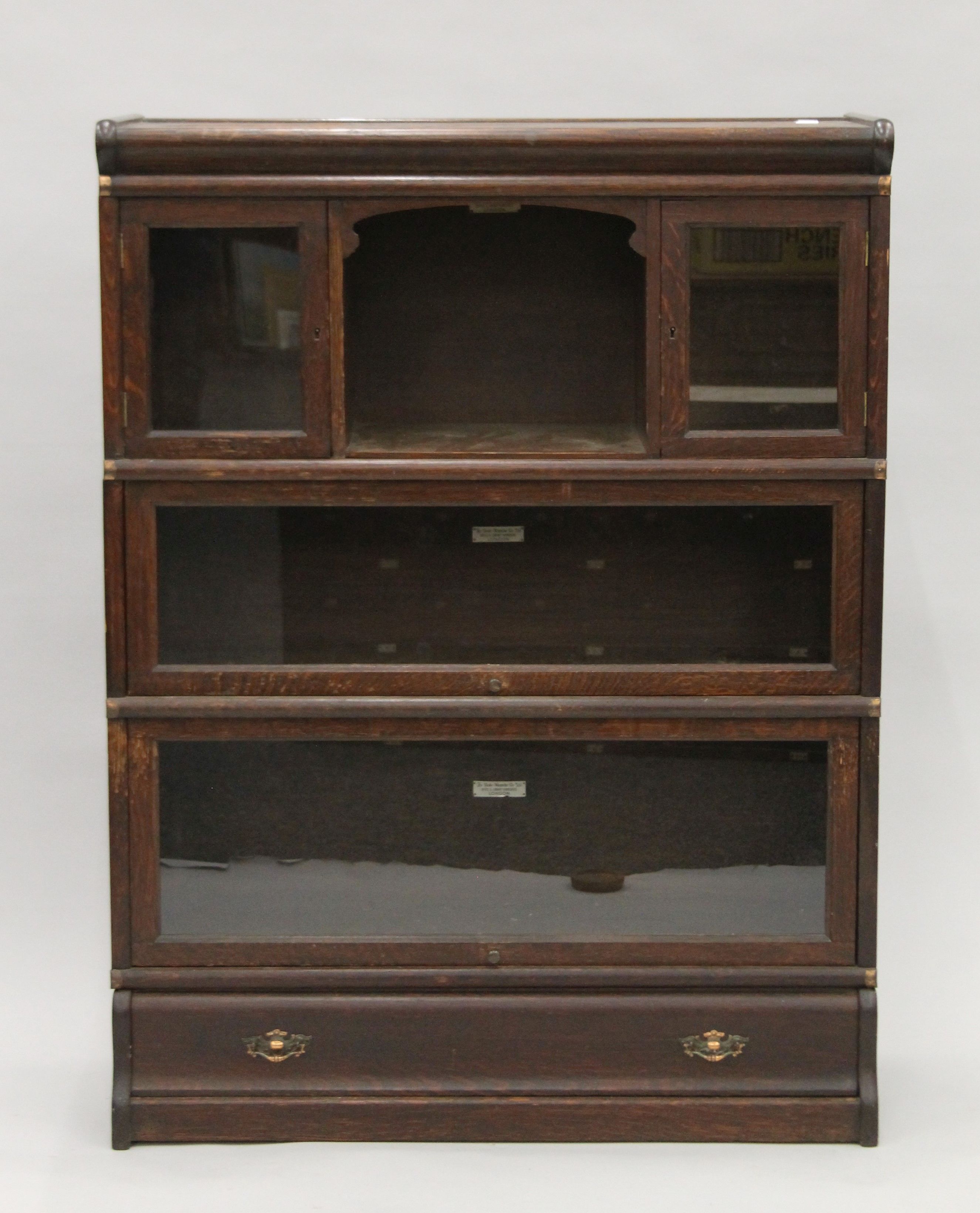 A three stack oak Globe Wernicke bookcase. 86.5 cm wide 115 cm high.