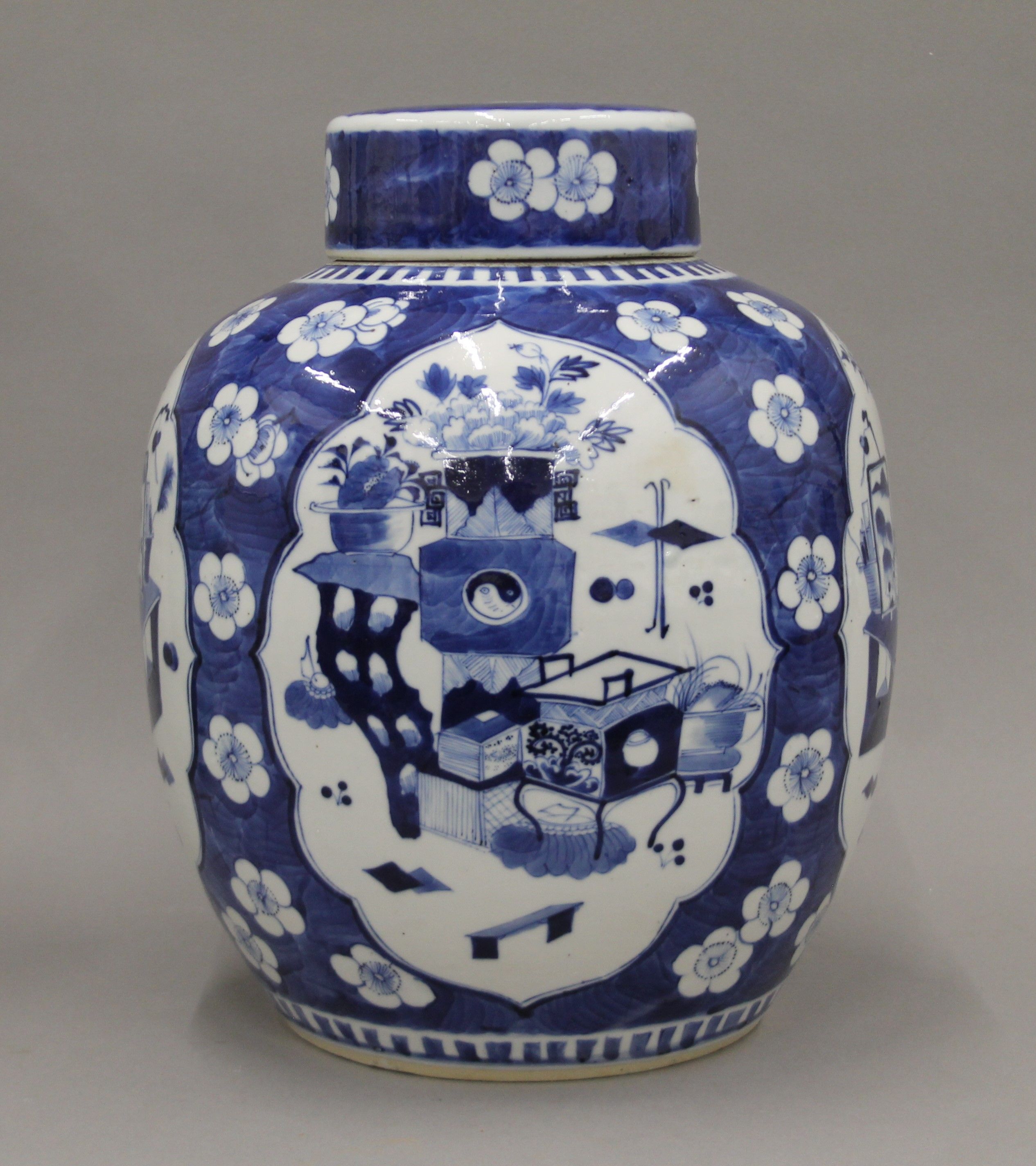 A large 19th century Chinese porcelain ovoid blue and white ginger jar painted with panels of - Image 2 of 7