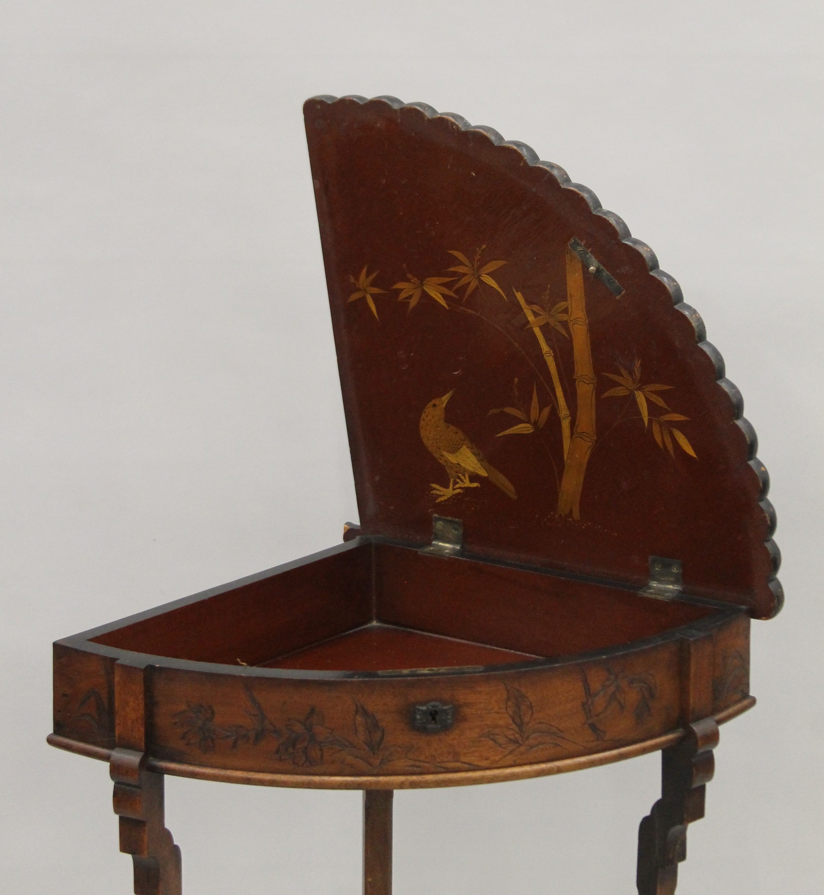 A aesthetic period walnut side table decorated in the Japanese manner, with lift up fan shaped lid. - Image 4 of 7