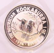 A 1994 1oz silver proof Kookaburra Australia coin.