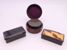 A cased pocket clinometer and two snuff boxes.