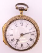 A Georgian gold plated pair cased pocket watch. 5 cm diameter.