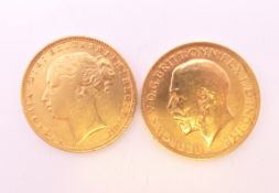 An 1872 gold sovereign and a 1915 gold sovereign.