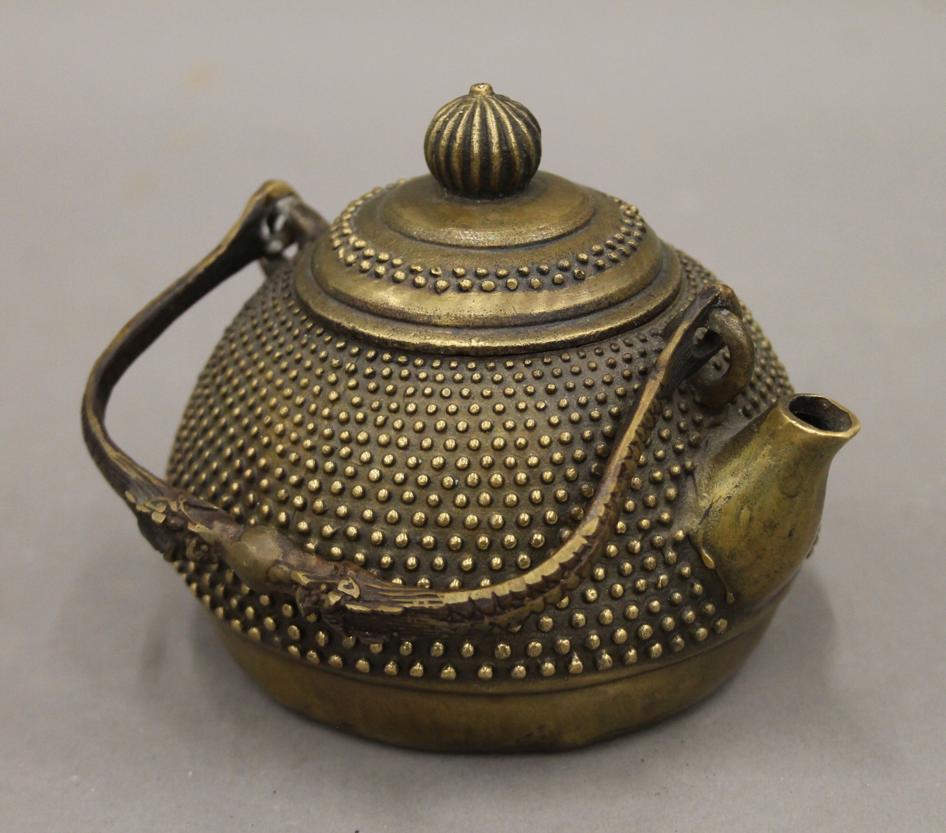 A Chinese bronze teapot with four character seal mark to base and a bronze incense burner. - Image 7 of 10
