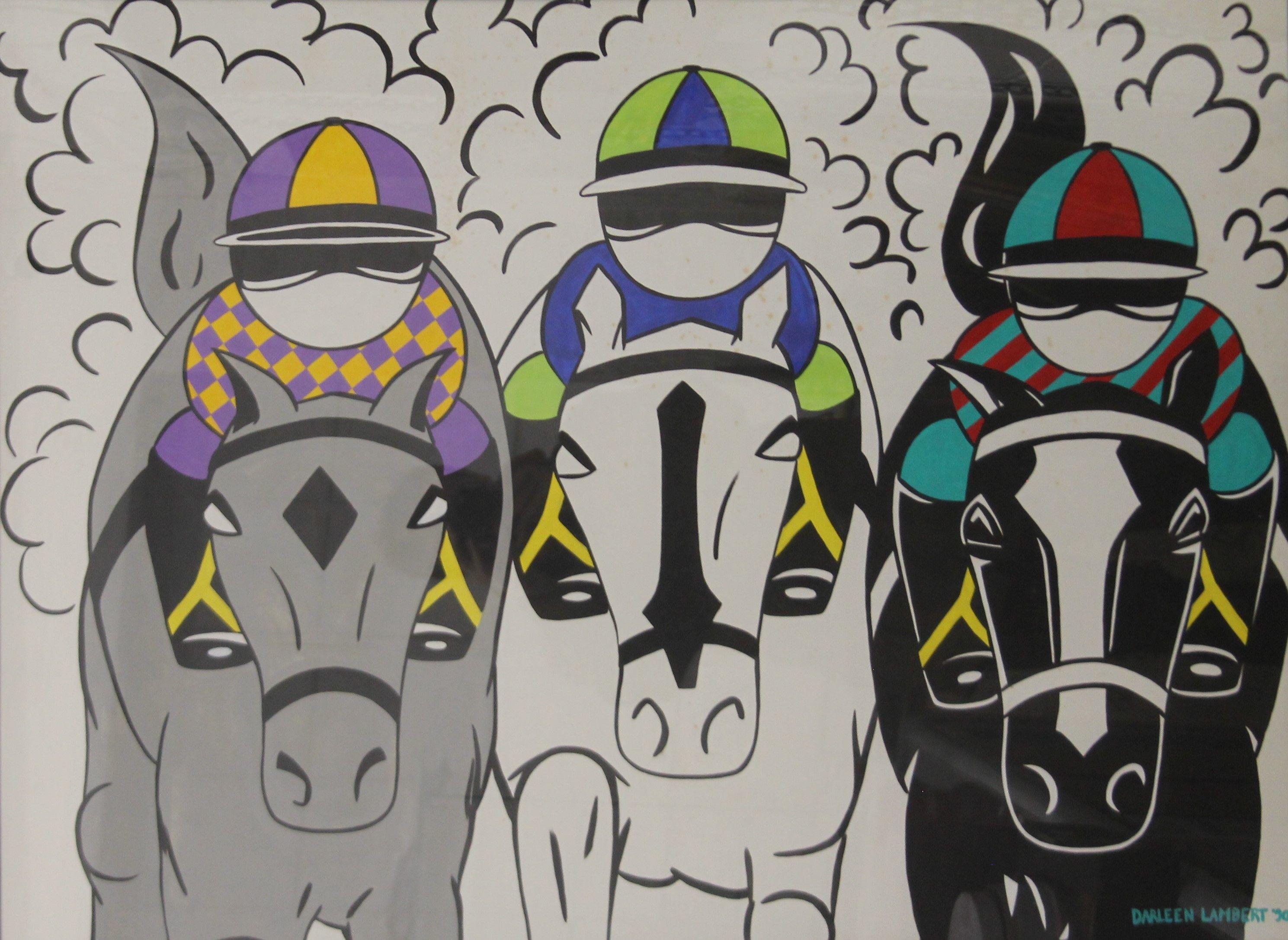 DARLEEN LAMBERT (20th/21st century), Three Jockey's Up, acrylic on paper, signed and dated '90,