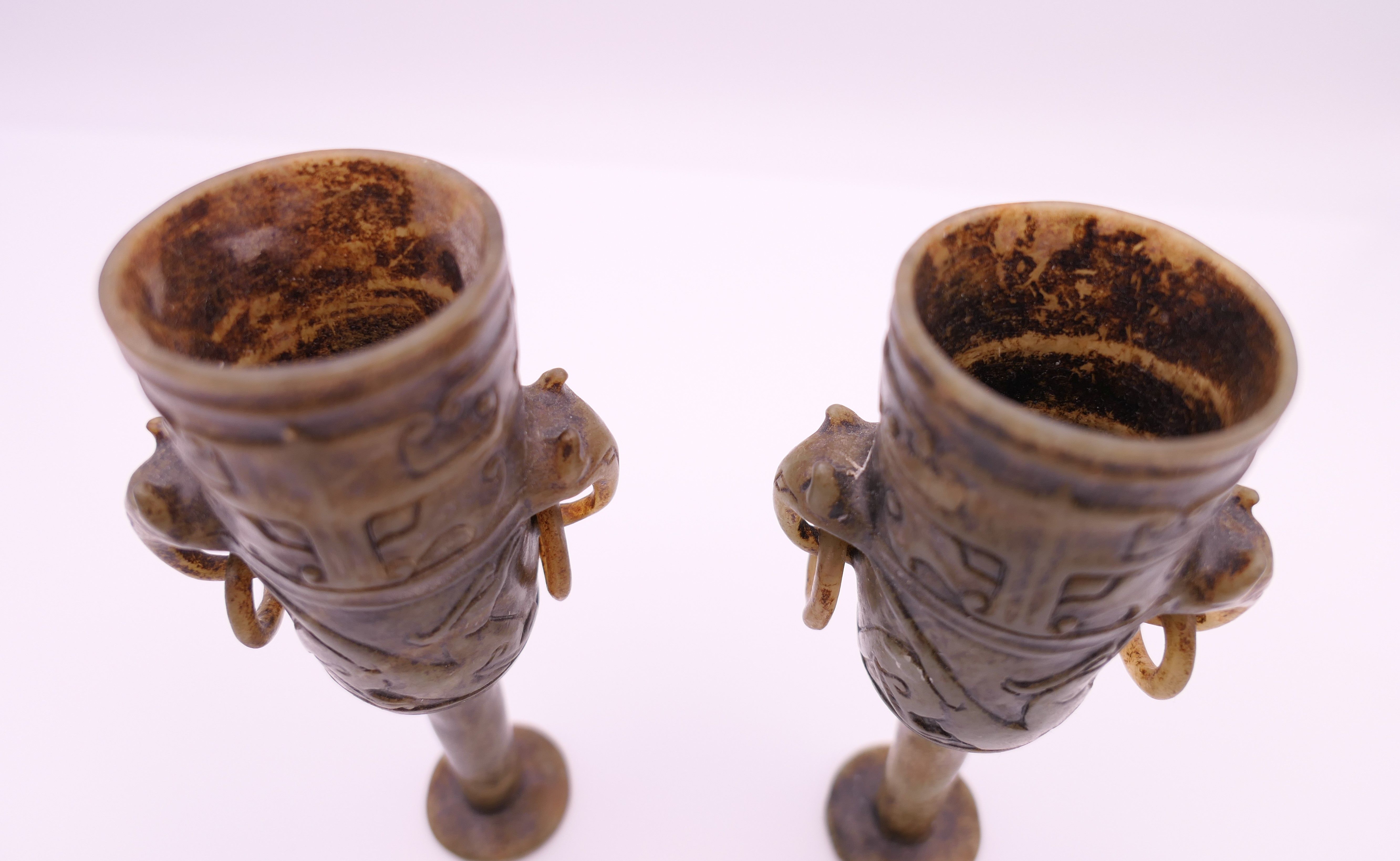 A pair of small Chinese archaic style jade vases. 11 cm high. - Image 3 of 8