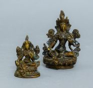 Two miniature bronze models of Buddha. The largest 9 cm high.