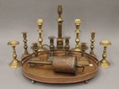 A quantity of various metalware, etc., including a Rolls Royce copper tray.