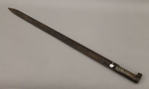 A 19th century Indian horn handled sword with repurposed Spanish blade. 78.5 cm long.
