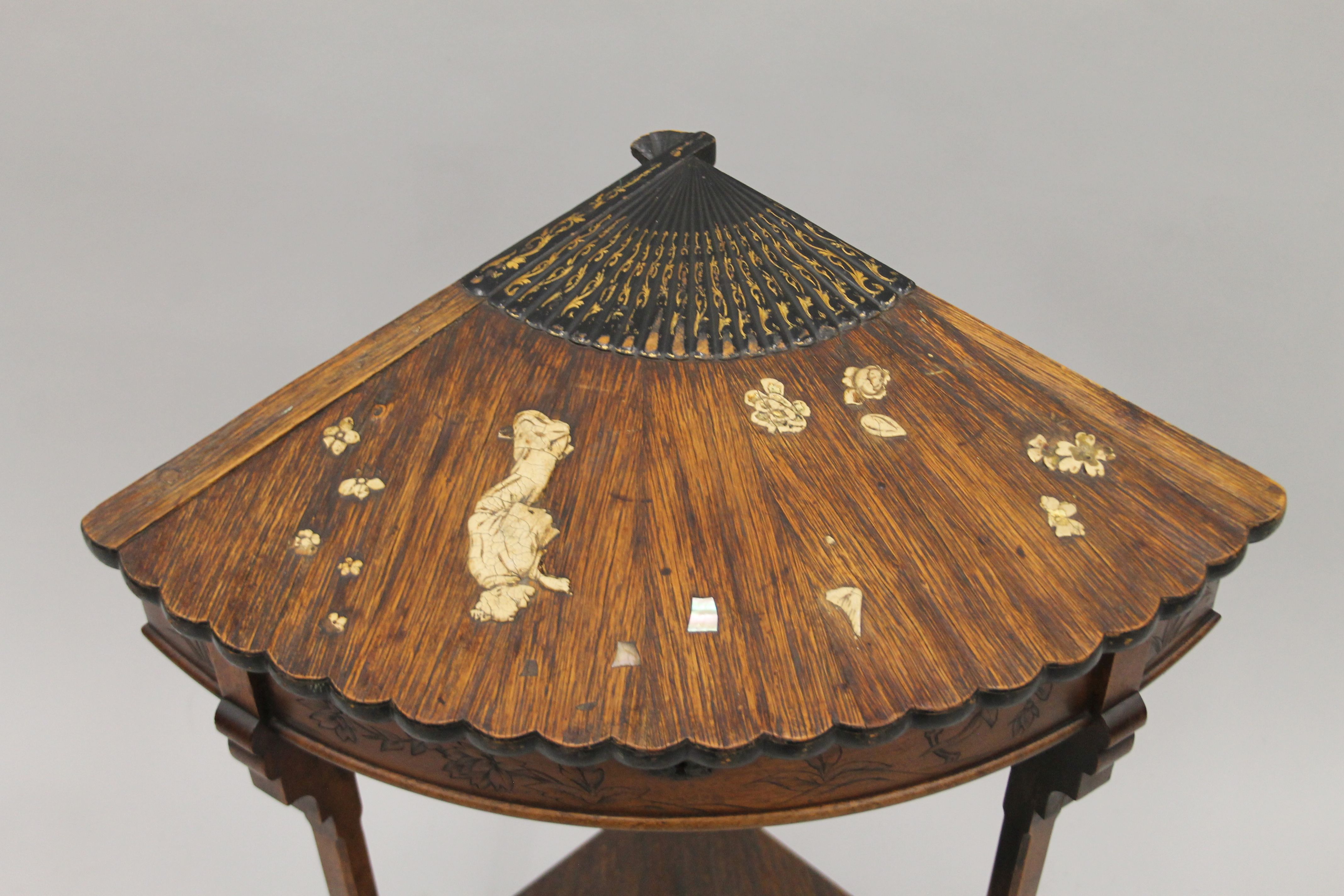 A aesthetic period walnut side table decorated in the Japanese manner, with lift up fan shaped lid. - Image 3 of 7