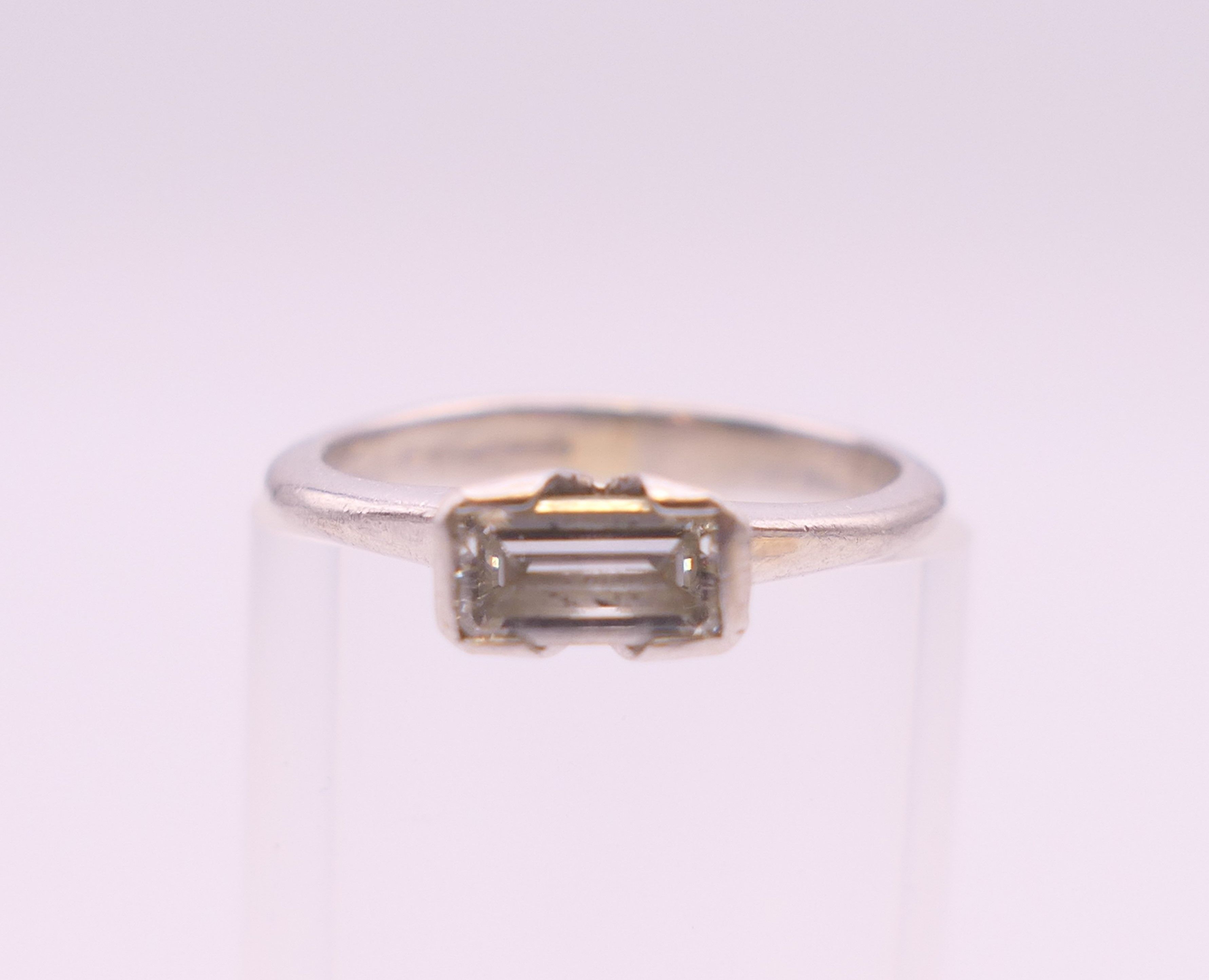 A platinum diamond solitaire ring. Ring size G/H. 3.3 grammes total weight. - Image 2 of 7