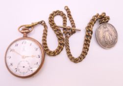 A Centra bi-metal pocket watch with brass Albert chain and a fob. 4.75 cm diameter.