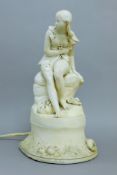 A bisque porcelain girl form table lamp. 50 cm high overall.