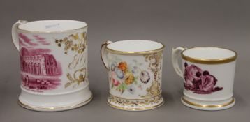 Three 19th century porcelain cups, one depicting Iron Bridge,