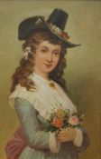 A Woman in 18th Century Dress, oil on board, framed. 27.5 x 41 cm.