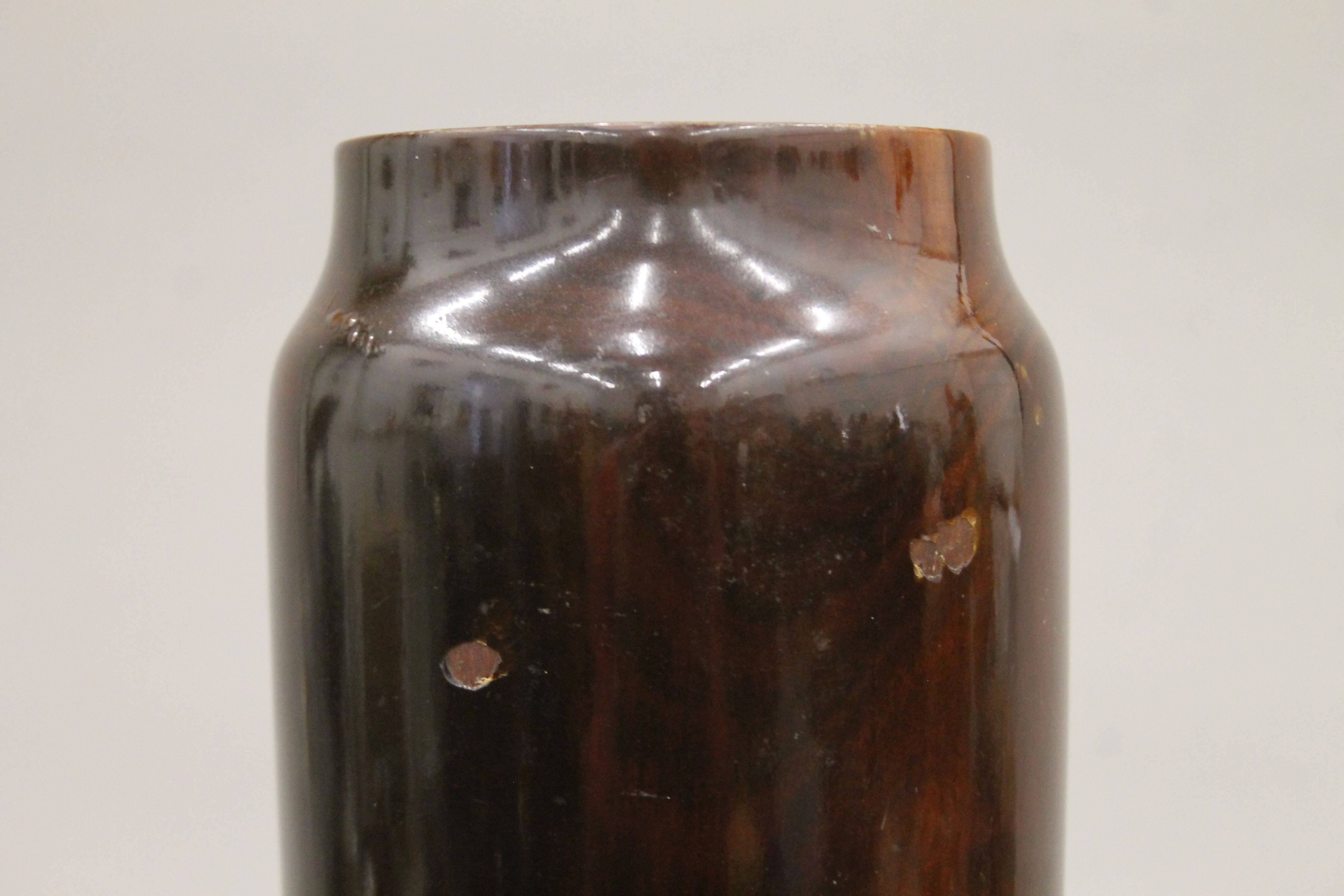 A 19th century Japanese turned wooden lacquered vase with mother-of-pearl inlay on a wooden stand - Image 7 of 8