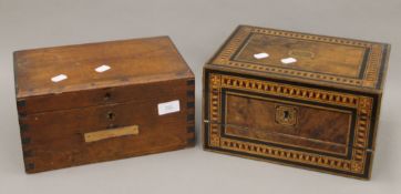 A Victorian parquetry inlaid travelling box and a pine box. The former 30 cm wide.