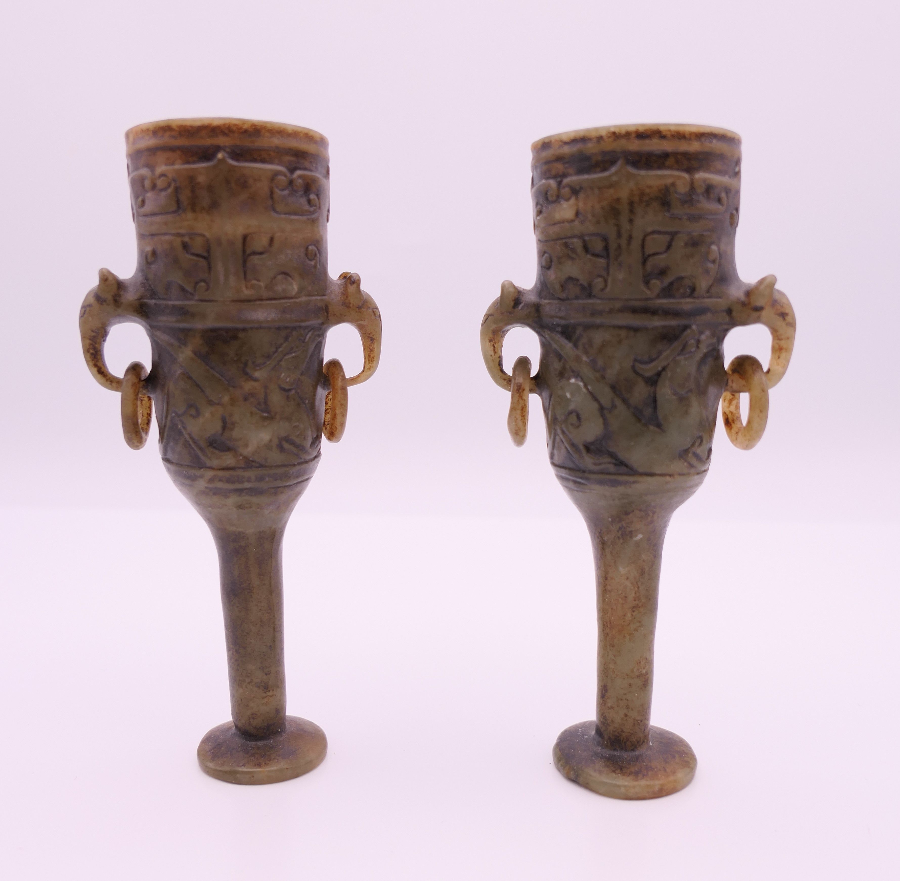 A pair of small Chinese archaic style jade vases. 11 cm high. - Image 2 of 8