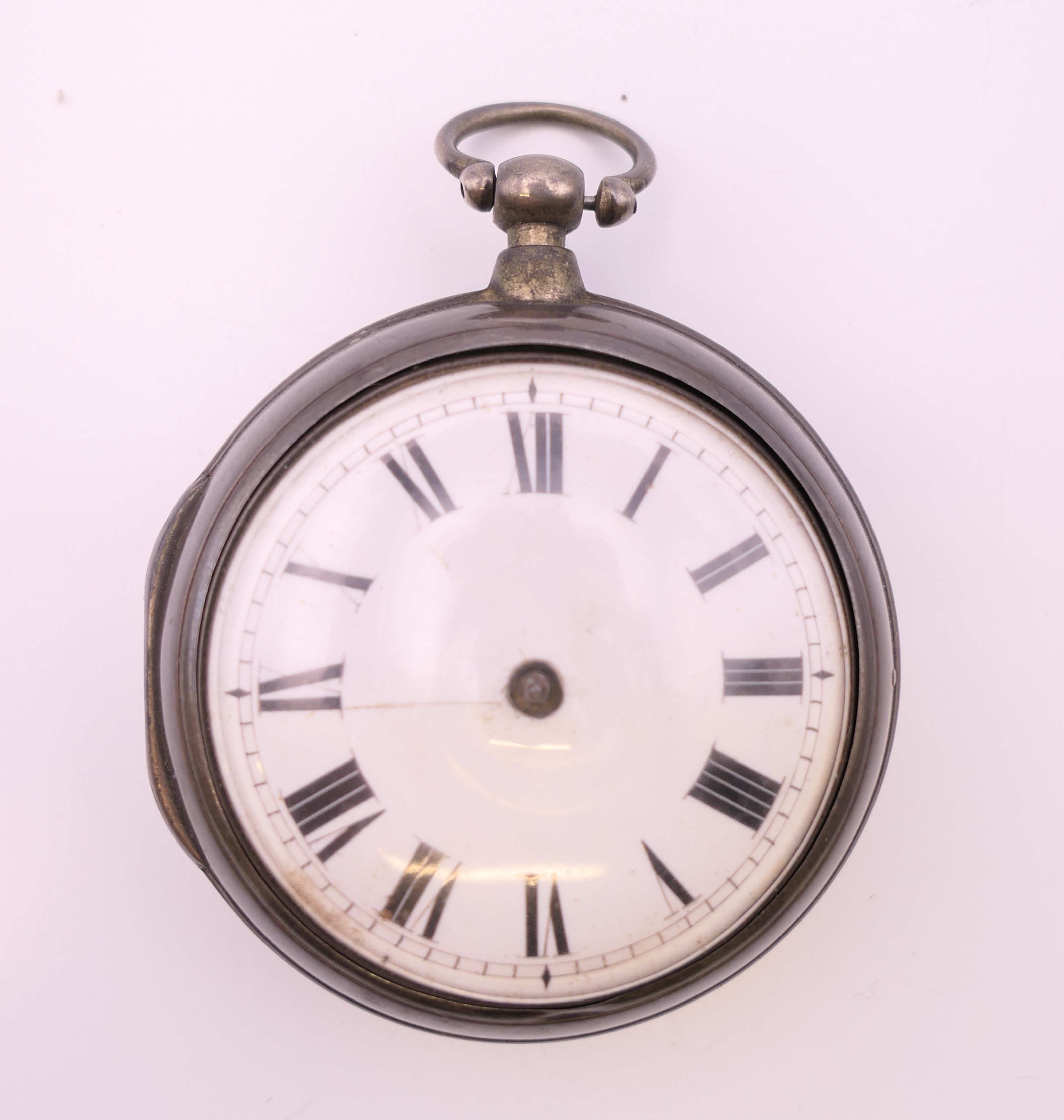 A Georgian silver pair case pocket watch, Wm Moorehouse, London, hallmarked 1800. 5.5 cm diameter.