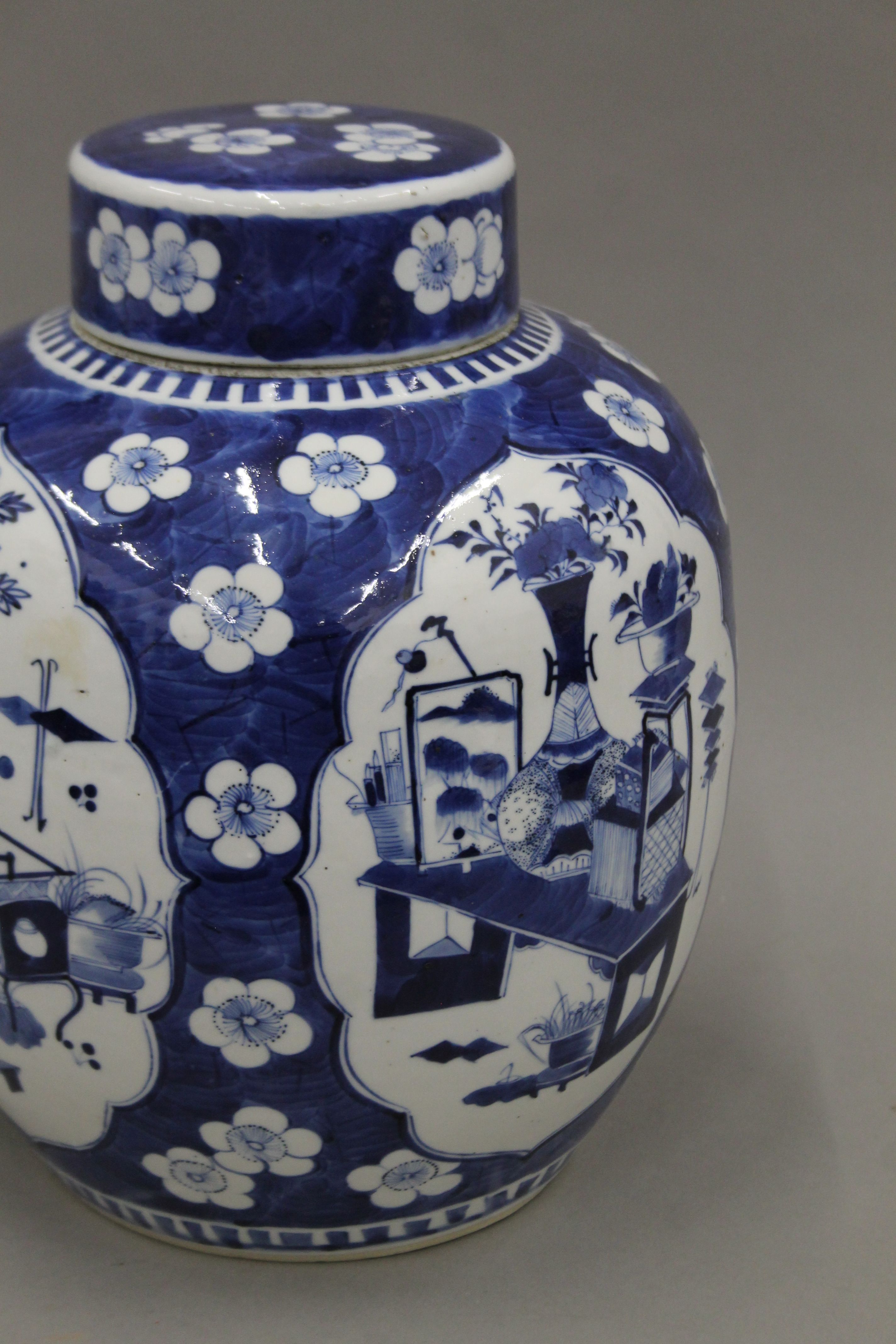 A large 19th century Chinese porcelain ovoid blue and white ginger jar painted with panels of - Image 6 of 7