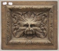 A Victorian carved oak panel depicting the Green Man. 37 cm wide.