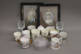 A quantity of Royal Commemorative wares and a pair of prints.