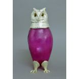 A silver plated and pink glass owl jug. 29 cm high.