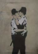 After BANKSY, Kissing Coppers, print on canvas, unframed. 31.5 x 44.5 cm.