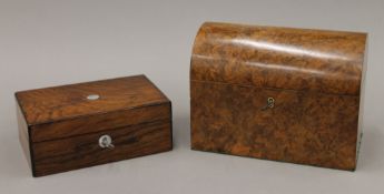 A Victorian burr walnut tea caddy and a rosewood jewellery box. The former 22.5 cm wide.