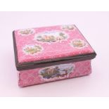 An 18th century pink ground Battersea enamel snuff box of rectangular form,