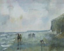FIONA HANSON, Walk in Winter, Hunstanton Norfolk, oil on board, framed. 25 x 20 cm.