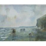 FIONA HANSON, Walk in Winter, Hunstanton Norfolk, oil on board, framed. 25 x 20 cm.