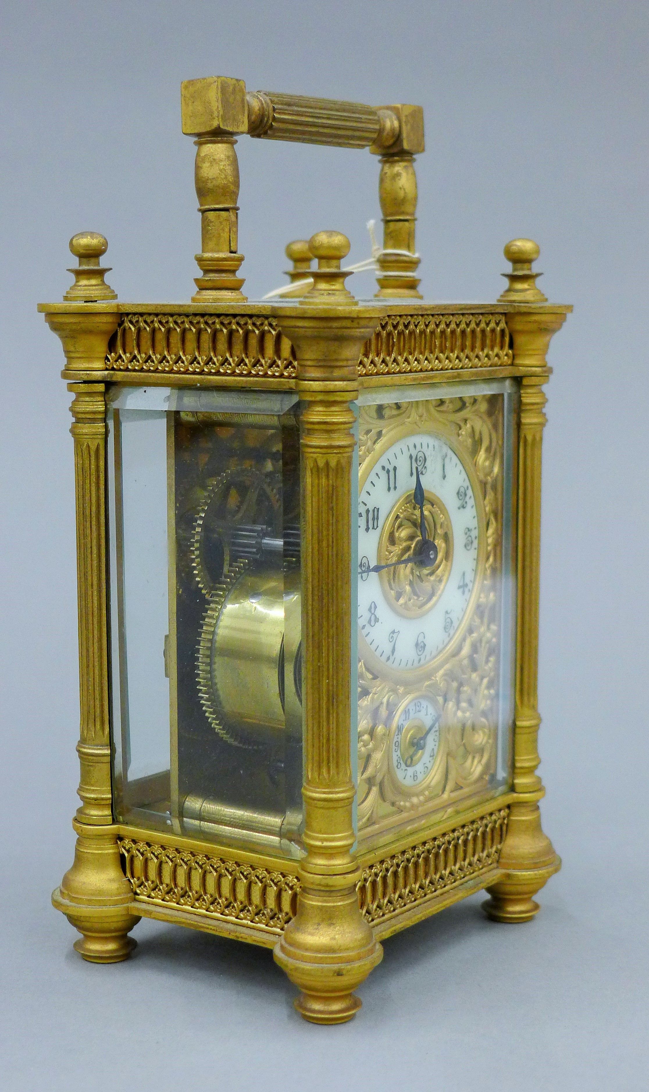 A 19th century gilt brass cased alarm carriage clock. 15.5 cm high. - Image 6 of 6