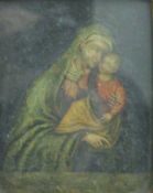An antique oil on copper panel of The Madonna and Child, housed in a carved gilt wood frame. 10.
