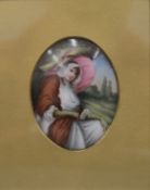 A hand painted German porcelain plaque depicting a young lady, framed and glazed.