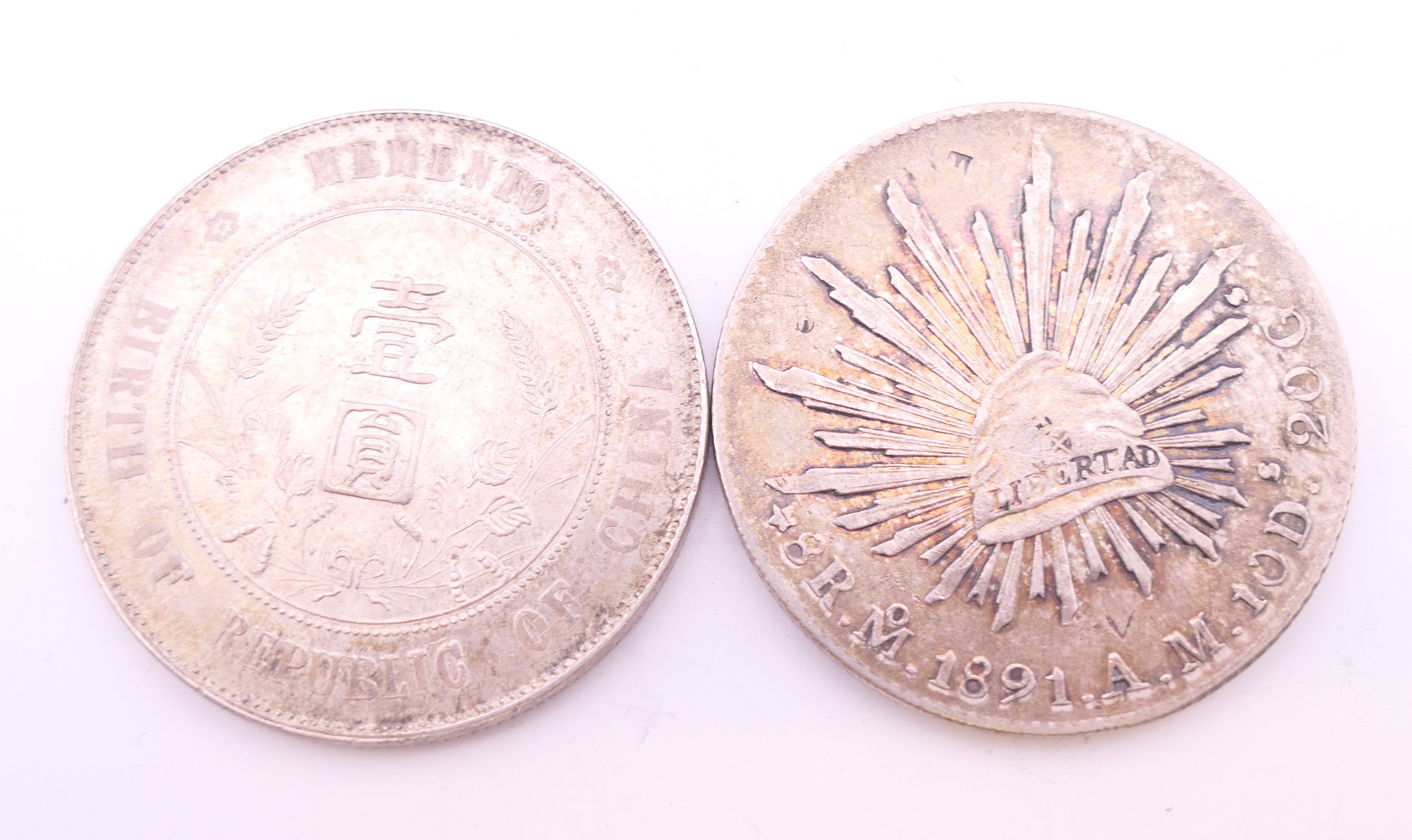 A Republic of Mexico silver coin and a Memento of the Birth of The Republic of China coin. - Image 2 of 3