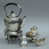 A small quantity of silver plate, including a spirit kettle. 31.5 cm high.