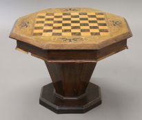 A Victorian inlaid trumpet work table (reduced in height). 33 cm high.