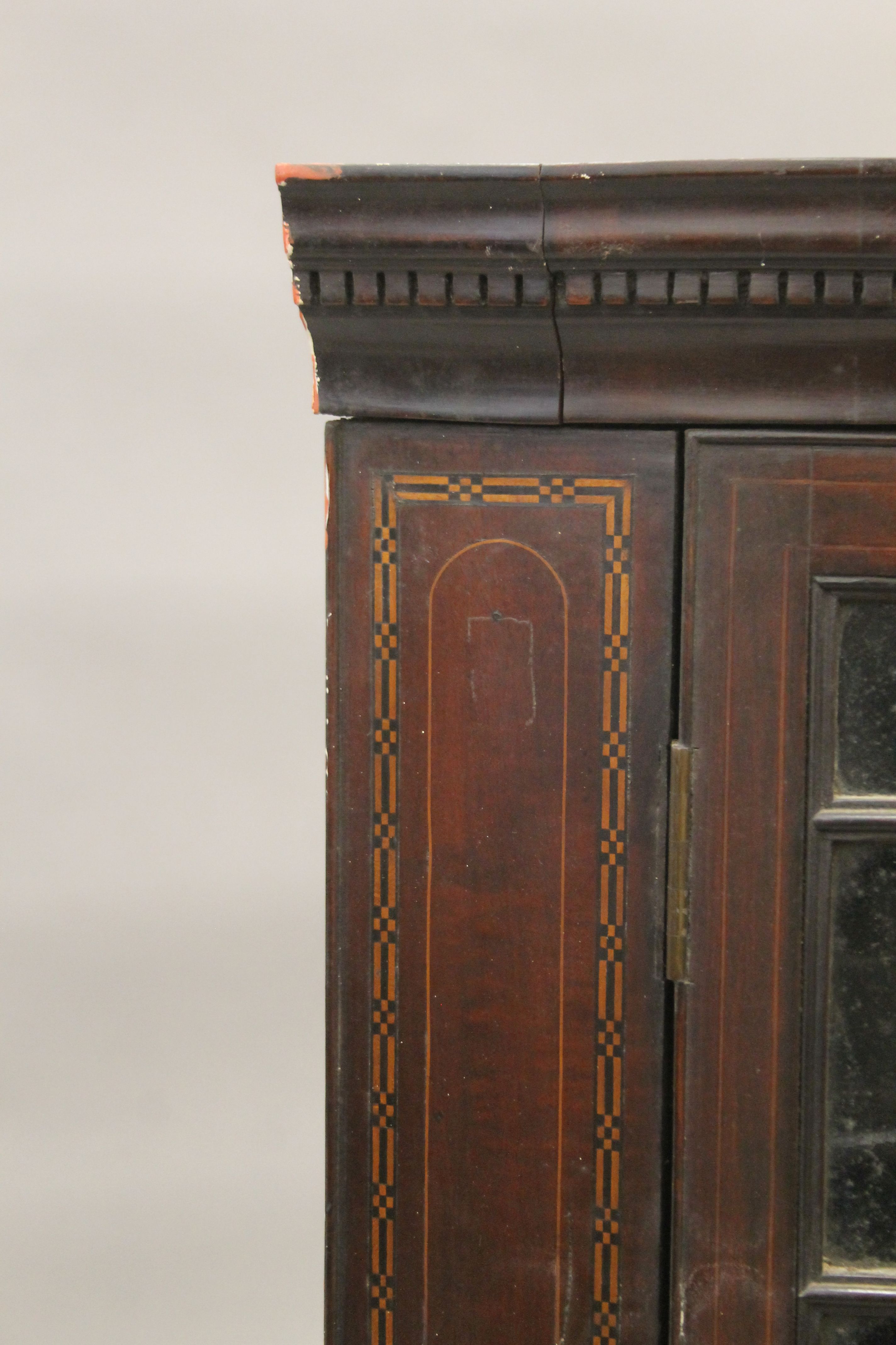 A George III inlaid mahogany glazed hanging corner cabinet. 69 cm wide. - Image 4 of 5
