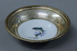 A silver plate mounted porcelain dish. 13.5 cm diameter.