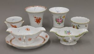 Six various pieces of Herend porcelain, including two double lipped sauce boats. Each 23 cm long.