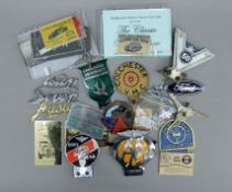 A collection of vintage car badges, etc., including Austin Car Club, Cambridge Car Club badges.