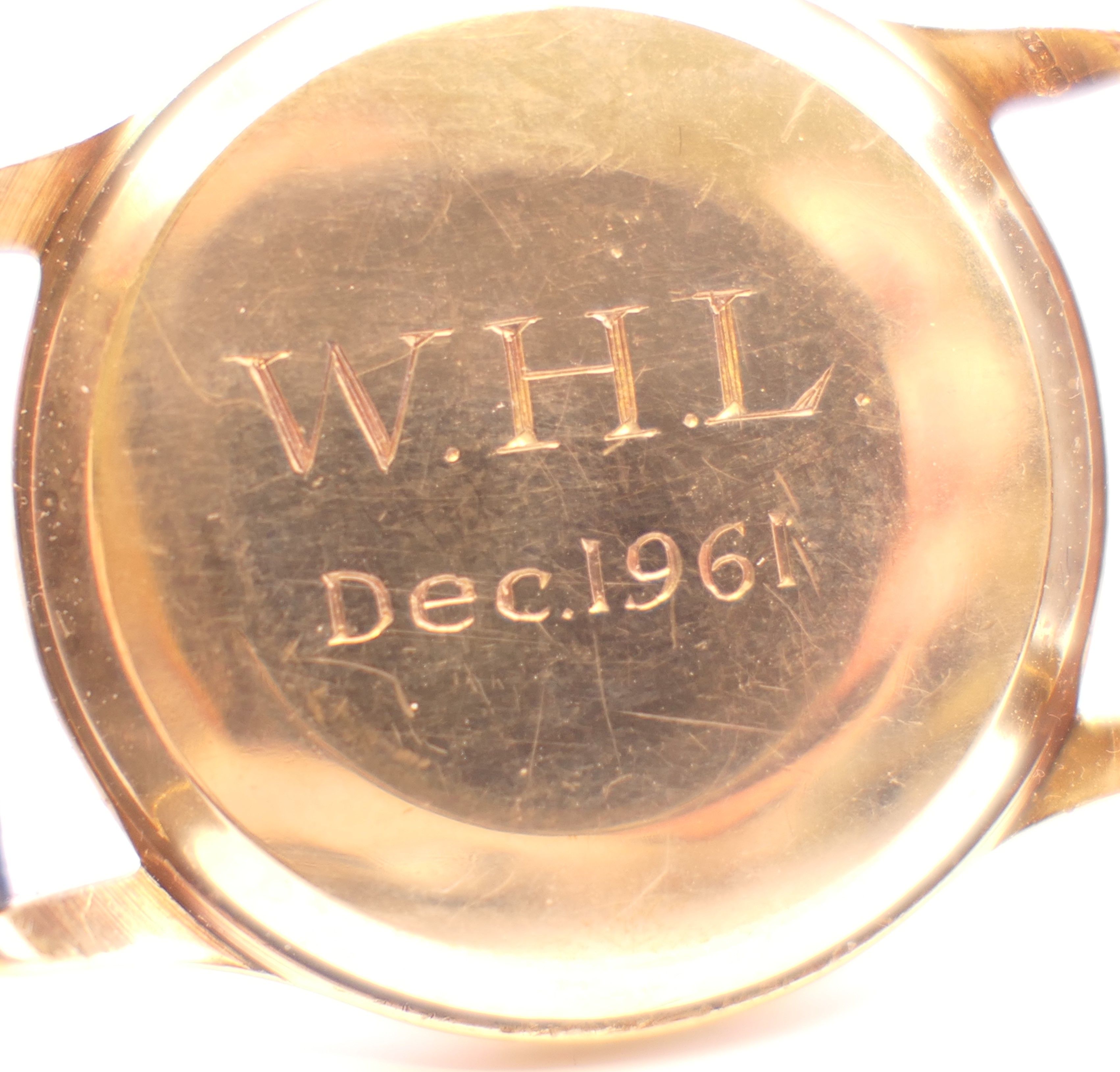 A 9 ct gold cased Eterna wristwatch inscribed to back WHL Dec 1961. 3.5 cm wide. - Image 6 of 7