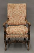 An early 20th century 17th century style open armchair. 62 cm wide.