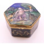 A Limoges enamel hexagonal shaped patch box. 4.5 cm wide, 2.5 cm high.