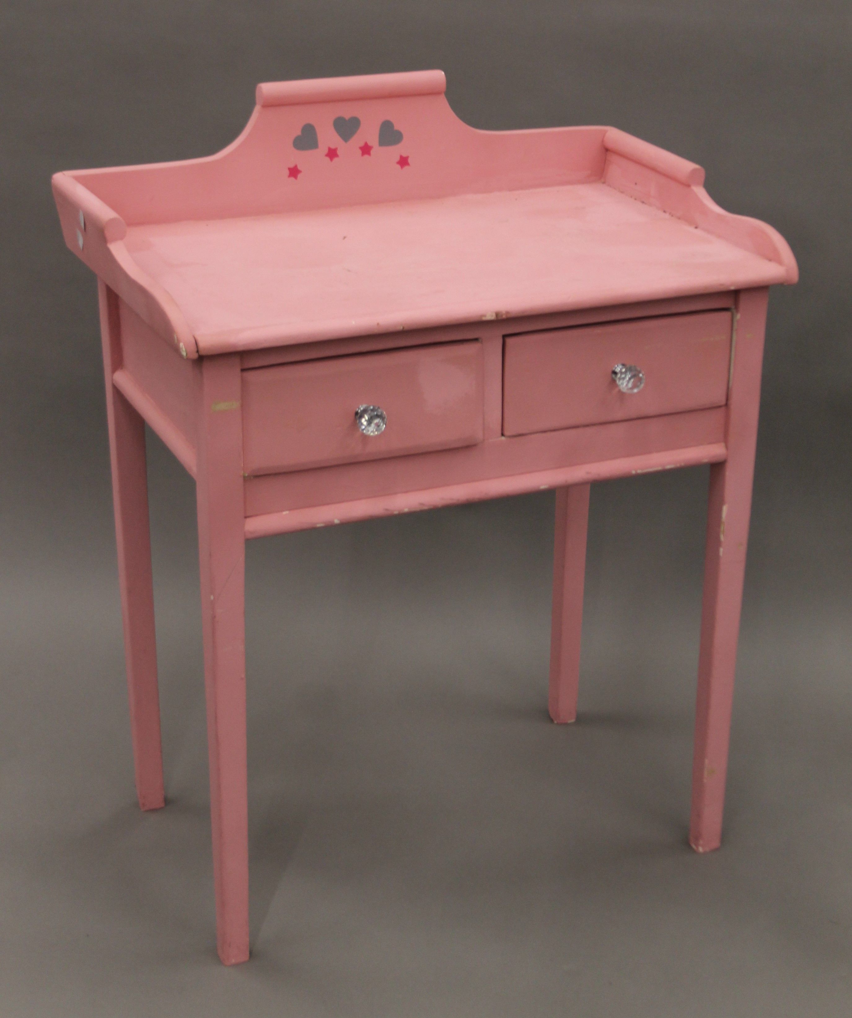 A pink painted two drawer dressing table and a blue painted high stool. The former 69 cm wide. - Image 5 of 7