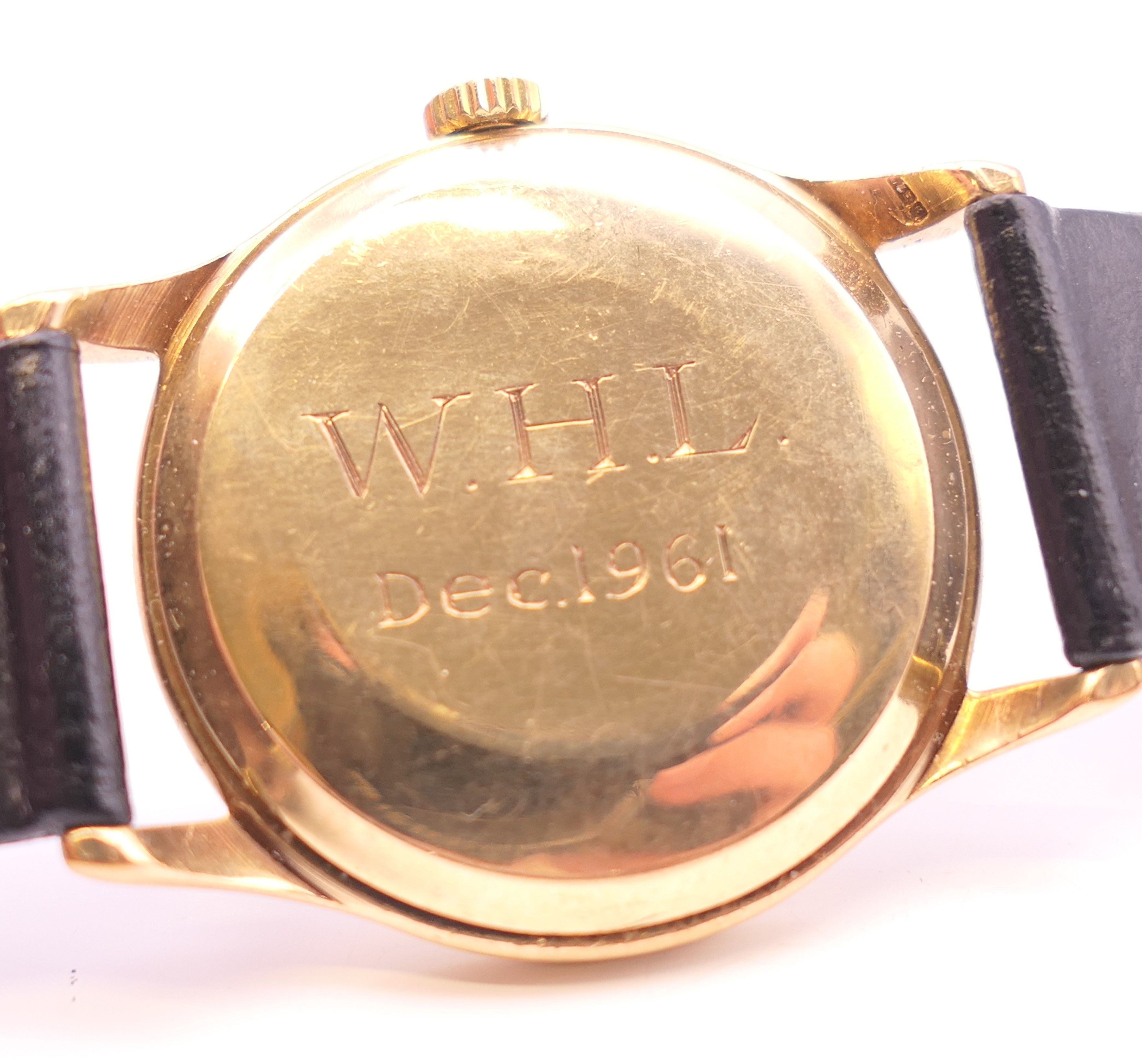 A 9 ct gold cased Eterna wristwatch inscribed to back WHL Dec 1961. 3.5 cm wide. - Image 5 of 7